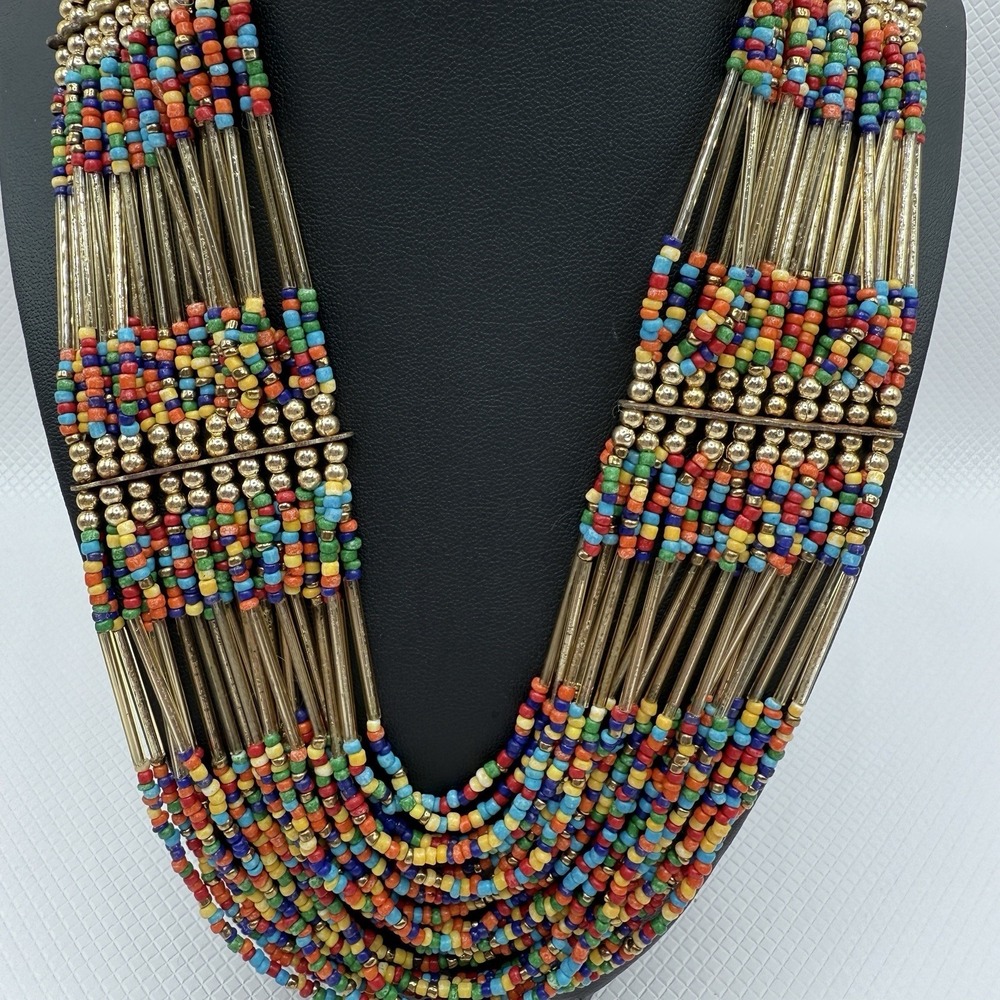 Vtg Multicolor Rainbow & Gold Seed Beads Multi Strand Boho Chic 17" Necklace‎
